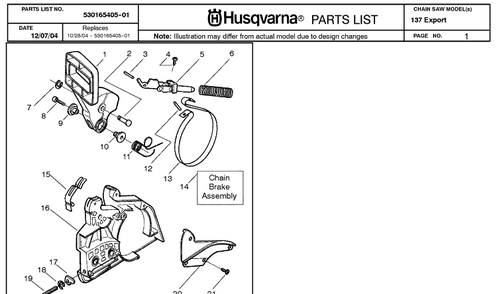 Chain Brake Diagram and Parts List for 137 20050100001-20064900000 Husqvarna Chainsaw