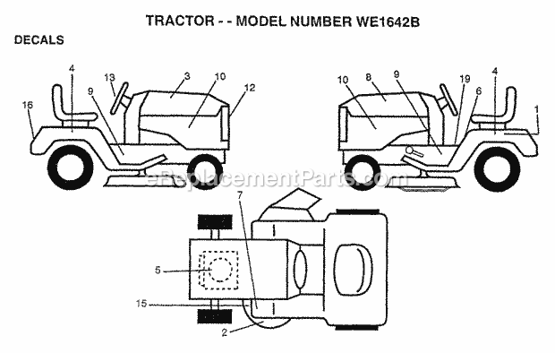 Decals Diagram and Parts List for WE1642B 1997 Husqvarna Lawn Tractor