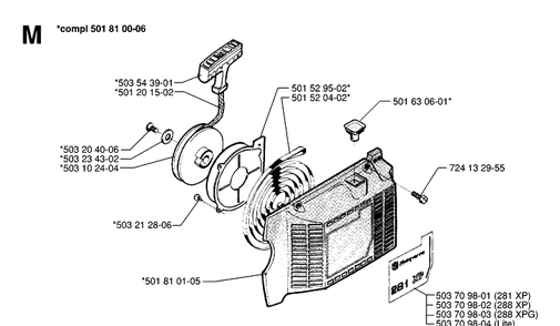 Starter Diagram and Parts List for 288 19974900001-20000600000 Husqvarna Chainsaw