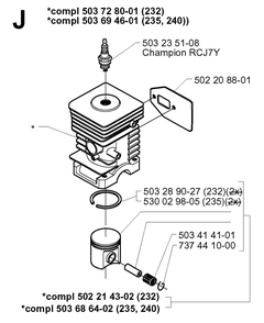 Cylinder Piston Diagram and Parts List for 232RD 20001400001 & Above Husqvarna Trimmer