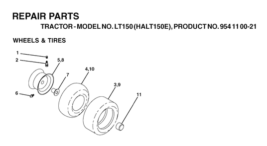 Wheels And Tires Diagram and Parts List for LT150 (954110021-E)(2003-01) Husqvarna Lawn Tractor