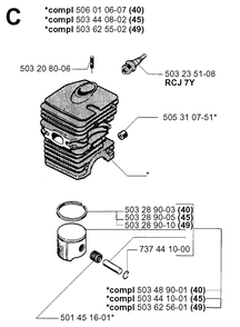 Cylinder Piston Diagram and Parts List for 40 20013500001-Current Husqvarna Chainsaw