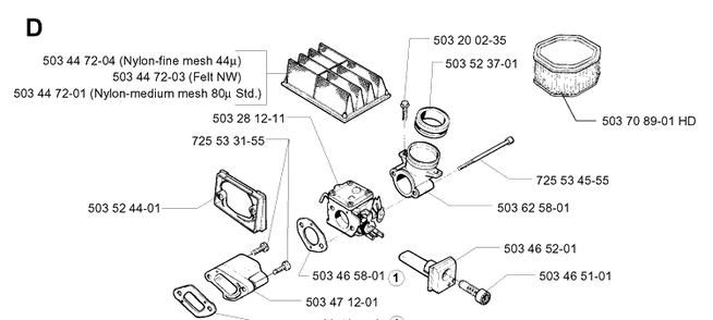Carburetor And Air Filter Diagram and Parts List for 394XP 19960100001-19980900000 Husqvarna Chainsaw