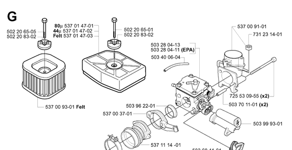 Carburetor And Air Filter 2 Diagram and Parts List for 385XP 20034000001-20051000000 Husqvarna Chainsaw