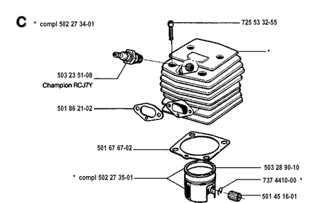 Cylinder Piston Diagram and Parts List for 250PS 19940600001-19960500000 Husqvarna Pole Saw