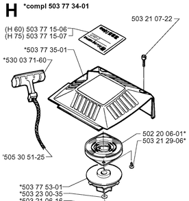 Starter Diagram and Parts List for 225H75 19980900001-20022200000 Husqvarna Hedge Trimmer