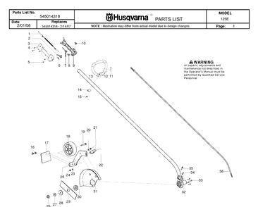 Shaft And Handle Diagram and Parts List for 125E 20082200001-Current Husqvarna Edger