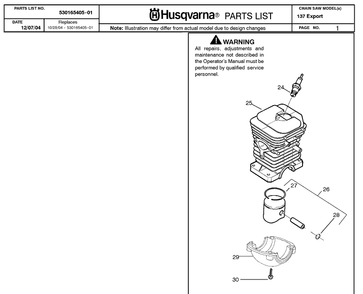 Cylinder Piston Diagram and Parts List for 137 20050100001-20064900000 Husqvarna Chainsaw