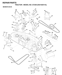 Mower Deck / Cutting Deck Diagram and Parts List for GT200 (954140011A)(1997-01) Husqvarna Lawn Tractor
