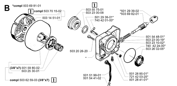 Clutch And Oil Pump Diagram and Parts List for 288 20014000001-Current Husqvarna Chainsaw