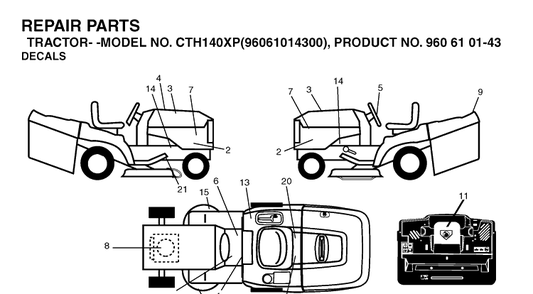 Decals Diagram and Parts List for CTH140XP (96061014300)(2006-04) Husqvarna Lawn Tractor
