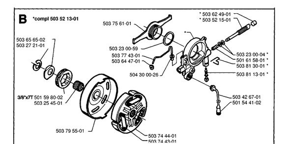 Clutch And Oil Pump Diagram and Parts List for 371XP 19954900001-19960900000 Husqvarna Chainsaw