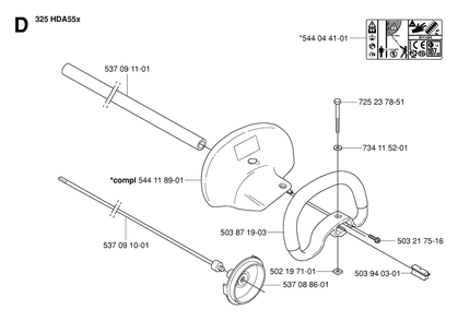 Shaft And Handle Diagram and Parts List for 325HDA55X 20053600001 - 20054000000 Husqvarna Hedge Trimmer