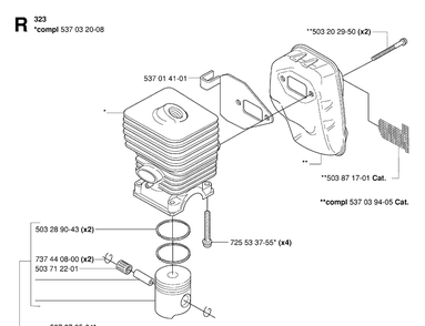 Cylinder, Piston And Muffler 2 Diagram and Parts List for 326RX 20061400001-20070100000 Husqvarna Brush Cutter