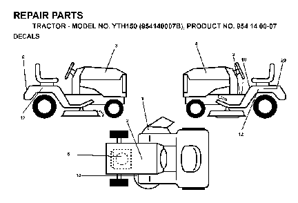 Decals Diagram and Parts List for YTH150 (954140007B, 954140007)(1997-01) Husqvarna Lawn Tractor
