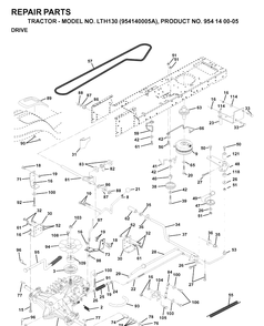 Drive Diagram and Parts List for LTH130 (954140005A)(1997-01) Husqvarna Lawn Tractor