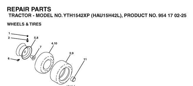 Wheels And Tires Diagram and Parts List for YTH1542XP (HAU15H42L)(2005-05) Husqvarna Lawn Tractor