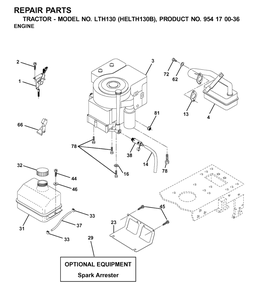 Engine And Cutting Equipment Diagram and Parts List for LTH130 (954170036-B)(2001-09) Husqvarna Lawn Tractor