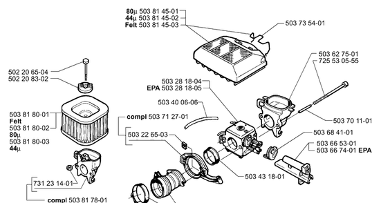 Air Filter/Carburetor Diagram and Parts List for 362EPA 2001-10 Husqvarna Chainsaw