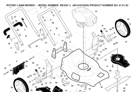 Frame And Engine Diagram and Parts List for R53SVL 96141019200 Husqvarna Lawn Mower