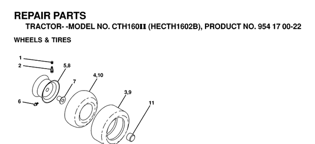 Wheels And Tires Diagram and Parts List for CTH160II (HECTH1602B)(2000-02) Husqvarna Lawn Tractor