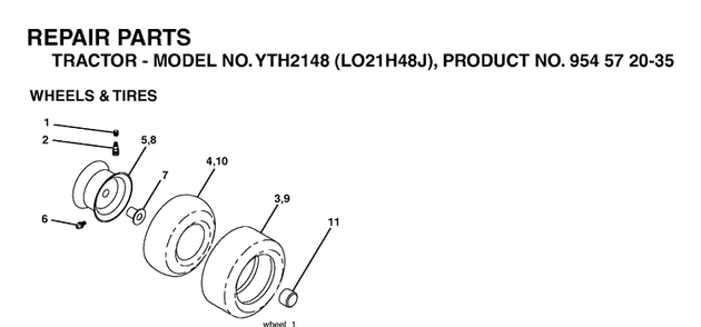 Wheels And Tires Diagram and Parts List for YTH2148-LO21H48J 2004-05 Husqvarna Lawn Tractor