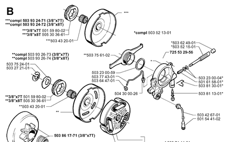 Clutch And Oil Pump Diagram and Parts List for 365 19991400001-19994699999 Husqvarna Chainsaw