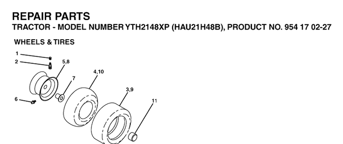 Wheels And Tires Diagram and Parts List for YTH2148XP (HAU21H48B)(2005-01) Husqvarna Lawn Tractor