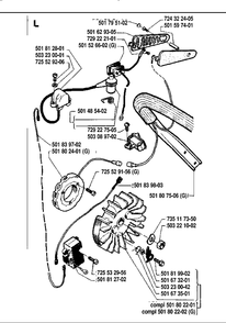 Electrical Diagram and Parts List for 288 19911400001-19933600000 Husqvarna Chainsaw