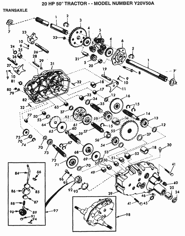 20 Hp 50" Transaxle Diagram and Parts List for Y20V50A 1994 Husqvarna Lawn Tractor