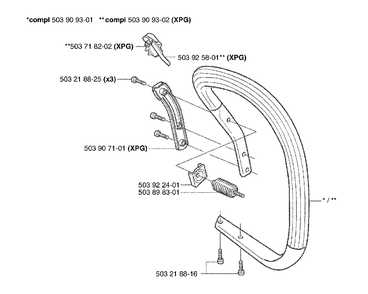Front Handle Diagram and Parts List for 353EPA 2002-09 Husqvarna Chainsaw