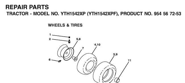 Wheels And Tires Diagram and Parts List for YTH1542XP (954567253)(2002-03) Husqvarna Lawn Tractor