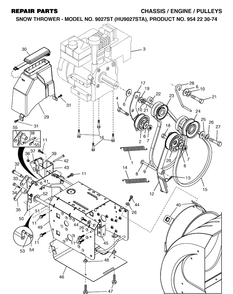 Chassis, Engine And Pulleys Diagram and Parts List for 9027ST (HU9027STA)(2002-09) Husqvarna Snow Blower