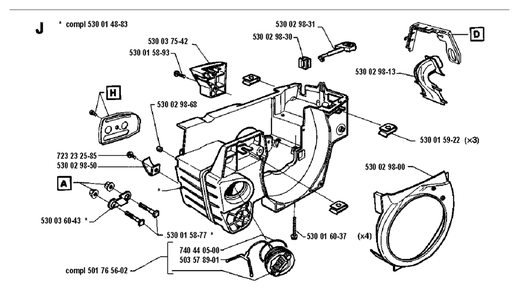 Crankcase Diagram and Parts List for 36 19941800001 & Above Husqvarna Chainsaw
