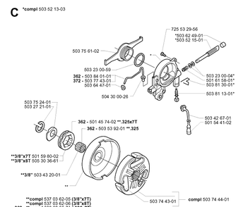 Clutch And Oil Pump Diagram and Parts List for 372XP/ (XPG)(20051800001-20070100000) Husqvarna Chainsaw