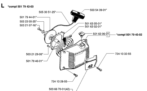 Starter Diagram and Parts List for 42 19944900001-19950600000 Husqvarna Chainsaw