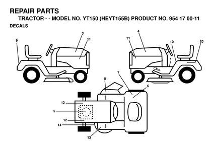 Decals Diagram and Parts List for YT150 (954170011-B)(1998-12) Husqvarna Lawn Tractor