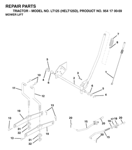 Mower Lift / Deck Lift Diagram and Parts List for LT125 (954170059-D)(2002-06) Husqvarna Lawn Tractor