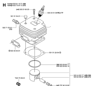 Cylinder Piston Diagram and Parts List for 272XP 20070100001-20091400000 Husqvarna Chainsaw