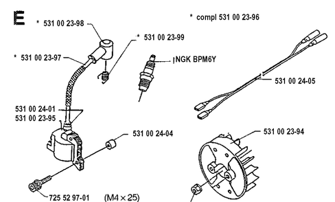 Ignition System Diagram and Parts List for 132R 19920100001-19931400000 Husqvarna Brush Cutter