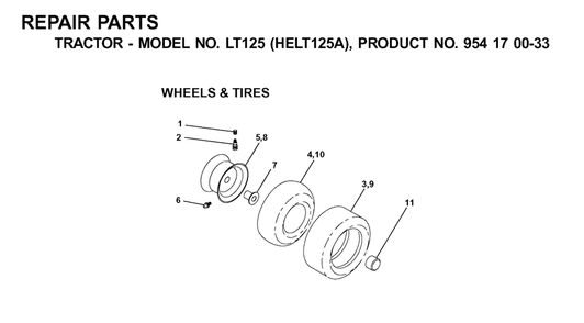 Wheels And Tires Diagram and Parts List for LT125 (954170033-A)(2001-01) Husqvarna Lawn Tractor