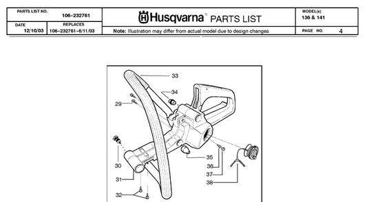 Fuel Tank And Handle Diagram and Parts List for 136 20040100001-Current Husqvarna Chainsaw