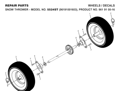 Wheels And Tires Diagram and Parts List for 5524ST (96191001603)(2007-10) Husqvarna Snow Blower