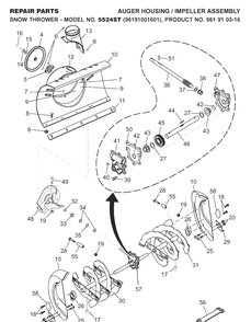 Auger Housing And Impeller Diagram and Parts List for 5524ST (96191001601)(2007-10) Husqvarna Snow Blower