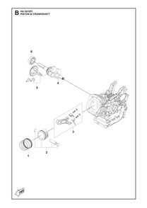 Piston And Crankshaft Diagram and Parts List for HH301EFI 598610301, 598610302 Husqvarna Engine