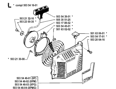 Starter Diagram and Parts List for 262XP 19910900001-19924400000 Husqvarna Chainsaw