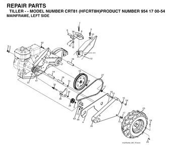 Mainframe, Left Side Diagram and Parts List for CRT81 (954170054-H)(2004-01) Husqvarna Tiller