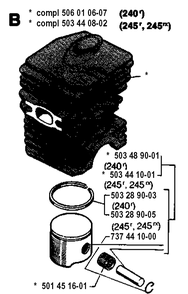 Cylinder Piston Diagram and Parts List for 245RX 19941400001-19962200000 Husqvarna Brush Cutter
