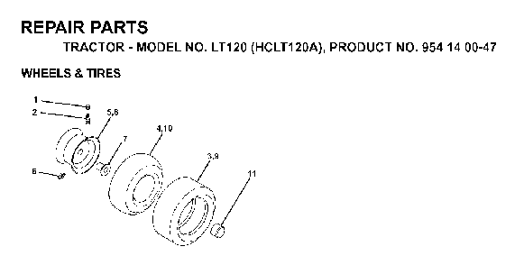 Wheels And Tires Diagram and Parts List for LT120 (HCLT120A, 954140047)(1998-01) Husqvarna Lawn Tractor