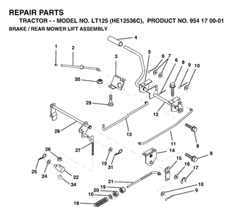 Brake / Rear Mower Lift Diagram and Parts List for LT125 (HE12536C)(1998-03) Husqvarna Lawn Tractor